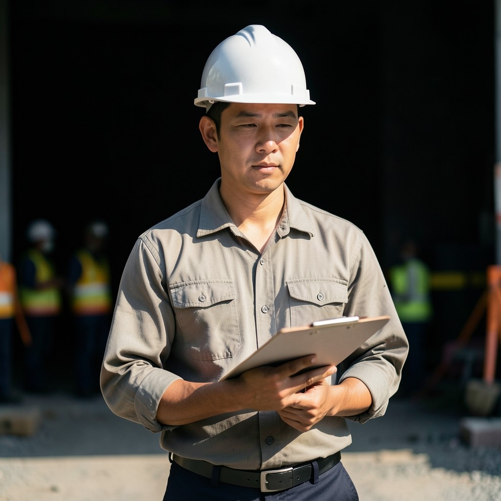 Portrait of a Futuregridpoint field analyst with hard hat and clipboard at a Bangkok site gate