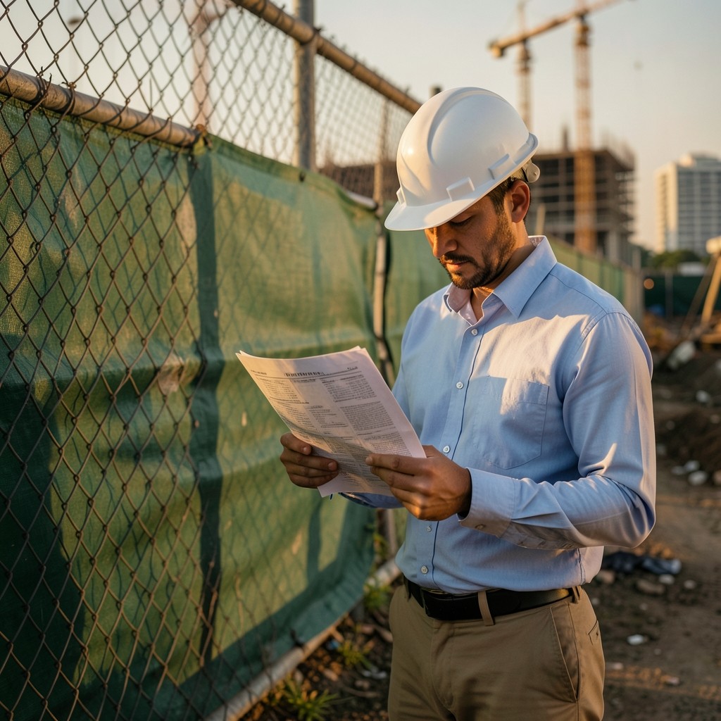 Futuregridpoint field analyst reviewing printed progress sheets beside a construction site fence in Bangkok