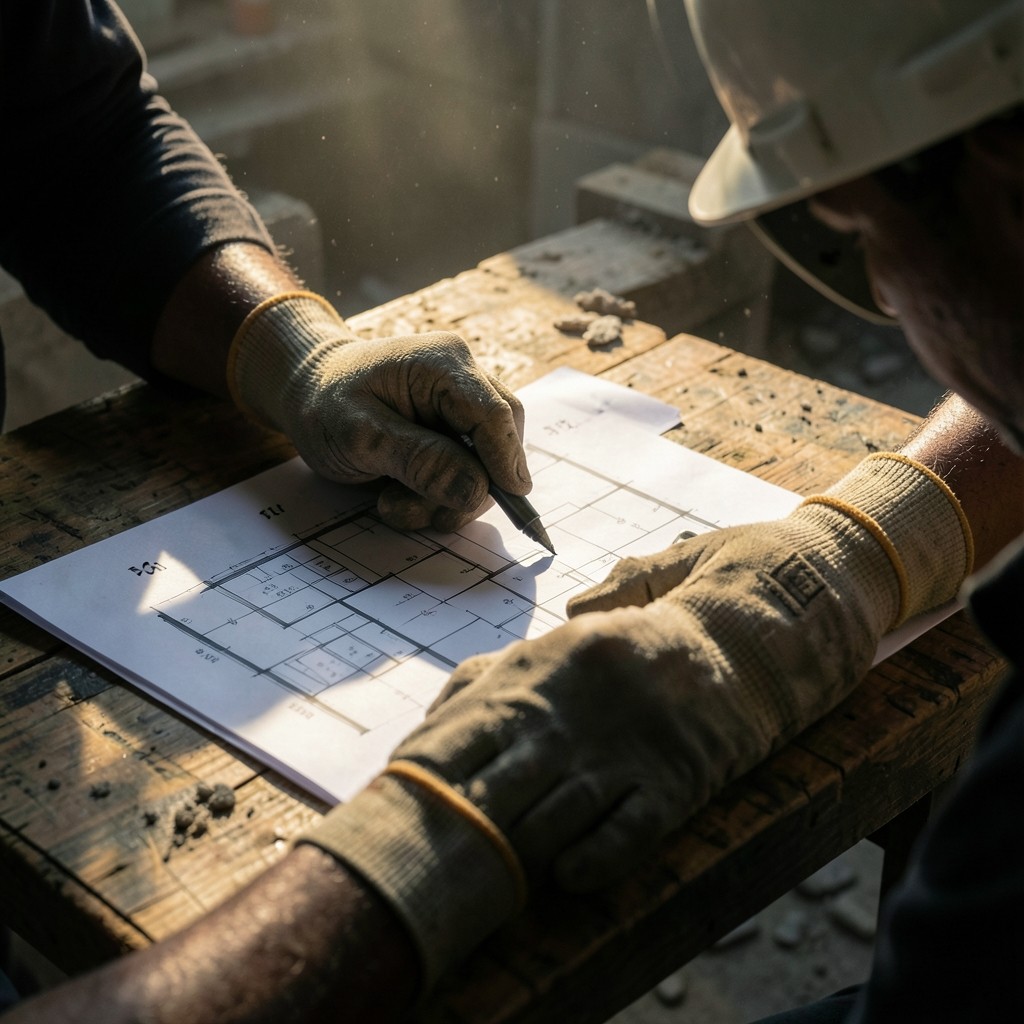 Hard-hatted analyst marking zone numbers on a printed floor plan at a Bangkok construction site