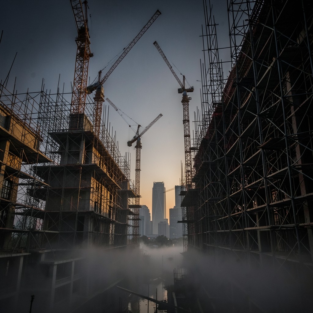 Construction site at dusk with scaffolding and crane silhouettes against a warm Bangkok sky