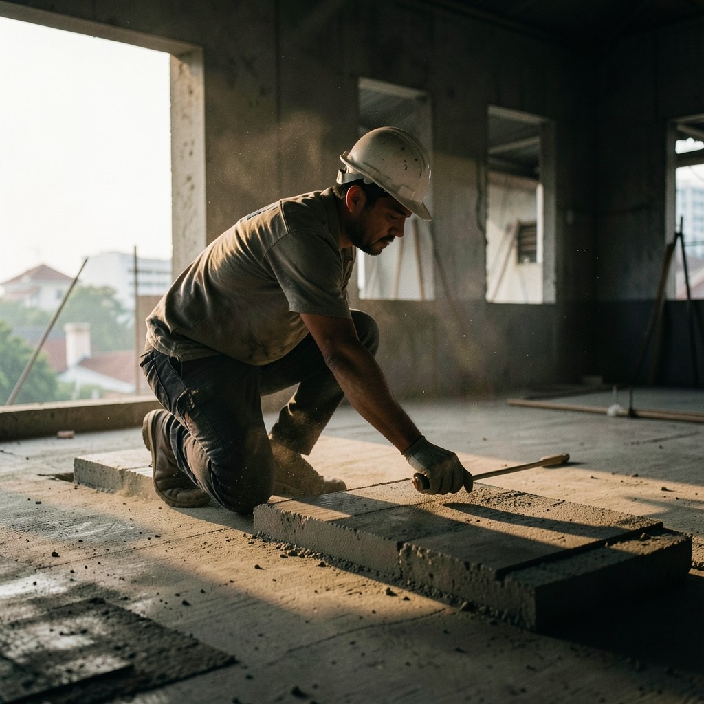 Analyst photographing unfinished floor slabs on an active Bangkok construction deck